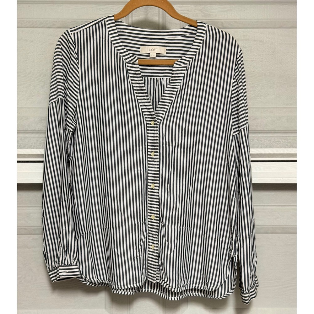 LOFT Shirt Womens Small Navy White Striped Long Sleeve V-Neck Blouse coastal EUC - Picture 2 of 5